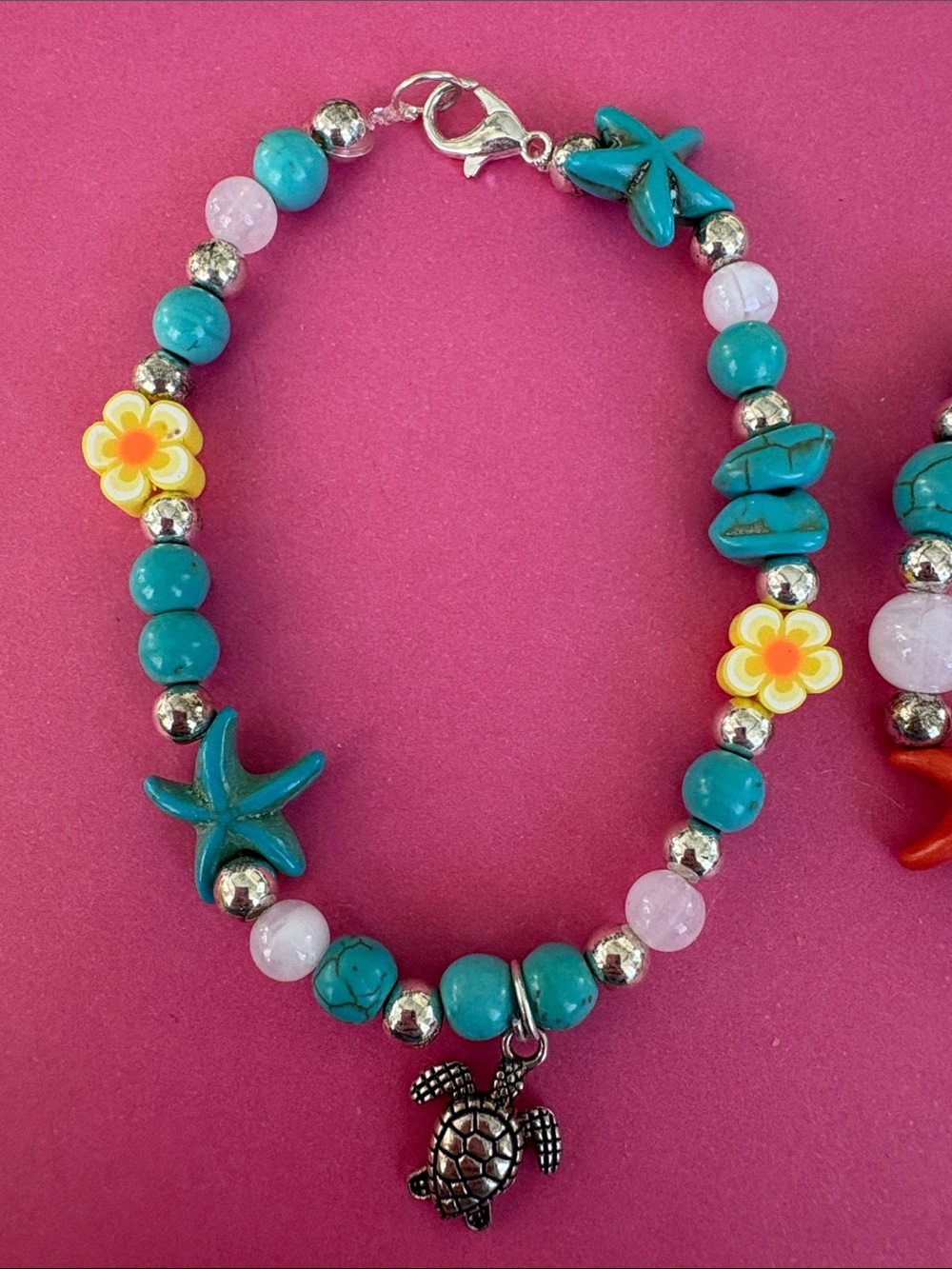 Handmade Turquoise & Pink Beaded Turtle Charm Bracelet